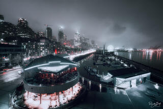 pier 66 view during a foggy Seattle evening
