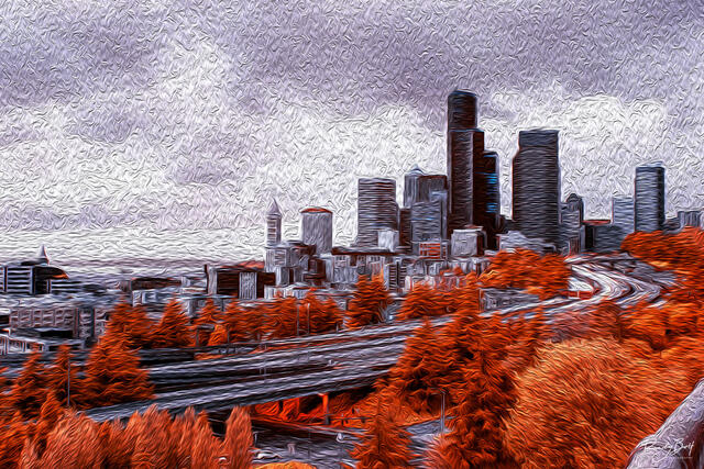 oil painted infrared image of downtown seattle from Jose Rizal bridge.