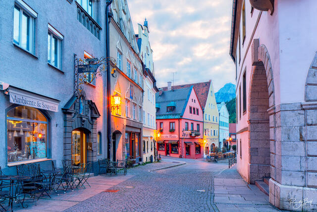 colorful buildings on the streets of Fussen Germany during sunrise 