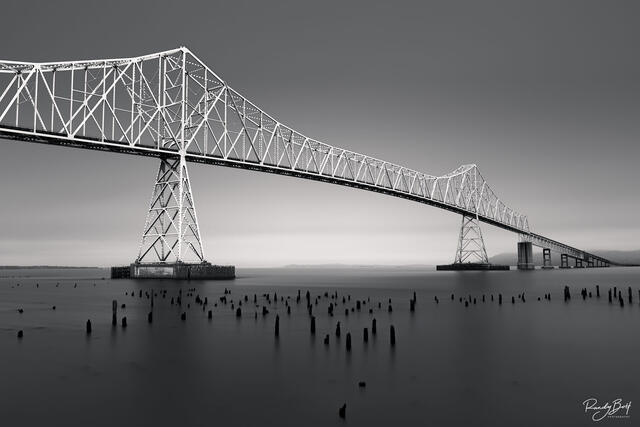 Black and white fine art photograph of the Astoria-Megler bridge between Oregon and Washington State.
