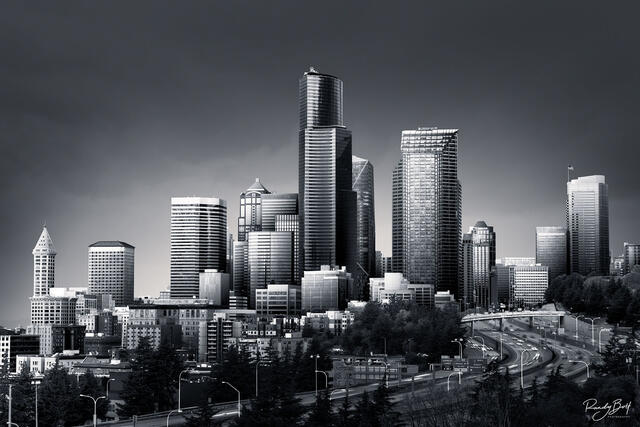 black and white photograph of Seattle from the Jose Rizal Bridge.