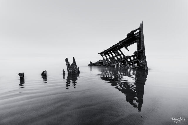 black and white fine art print of the Peter Iredale at Fort Stevens State Park.