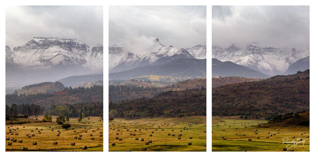 triptych image of the hay bales at the Ralph Lauren Ranch in Ridgway, Colorado