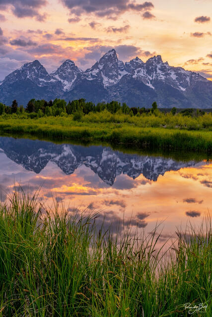 Sunset over Grand Teton from Schwabacher Landing in the Grand Teton National Park, Wyoming