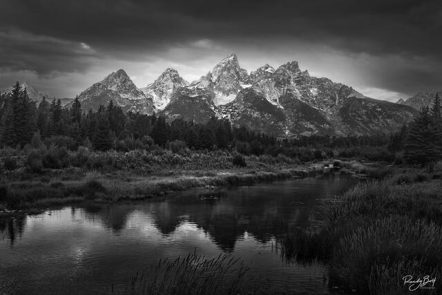 black and White fine art print of the grand Teton mountains from Schwabacher Landing
