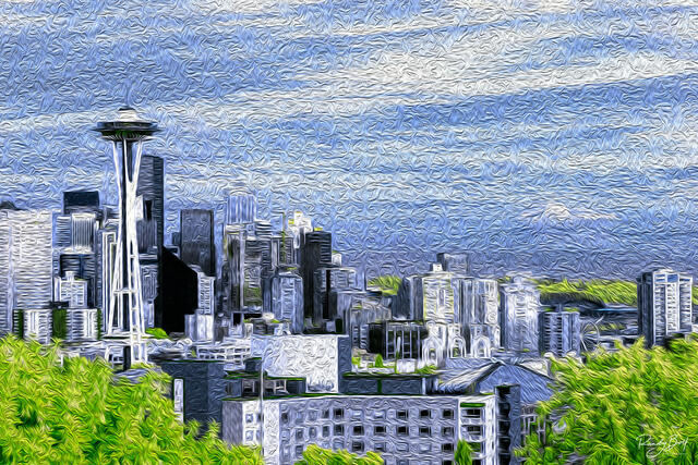 oil painted infrared fine art print from Kerry Park in seattle.