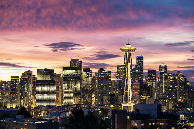 sunrise over the space needle from Kerry Park