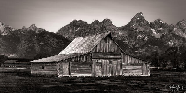 Moulton Barn with the Grand Tetons in black and white.