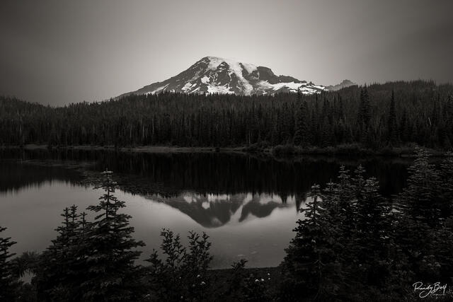 Mount rainier in black and white long exposure