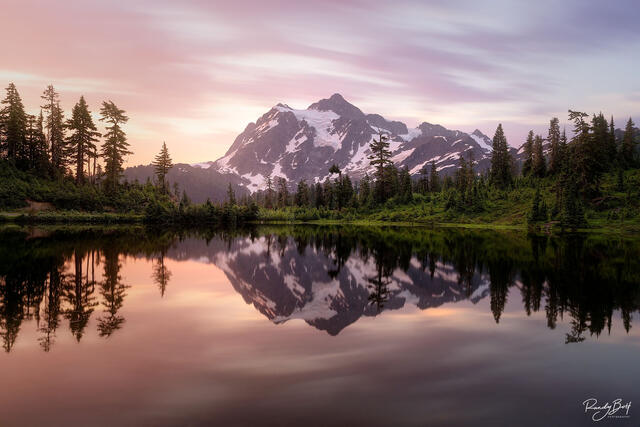 sunrise at picture lake with Mount Shuksan reflection