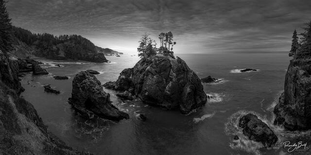black and white panoramic photograph from the natural bridges area in the Boardman Corridor on the Oregon coast