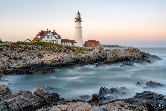 Sunset at Portland Head Lighthouse in Portland, Maine.