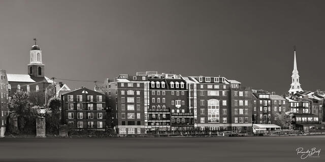 black and white panorama photograph of downtown Portsmouth, New Hampshire.