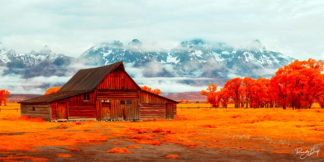 mormon row barns and Teton Mountains photographed with the Ir Chrome filter.
