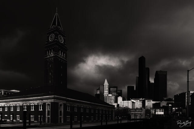 downtown Seattle near the train station in black and white