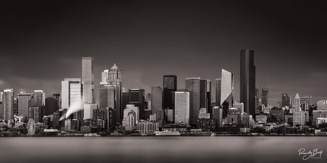 black and white panorama of downtown Seattle