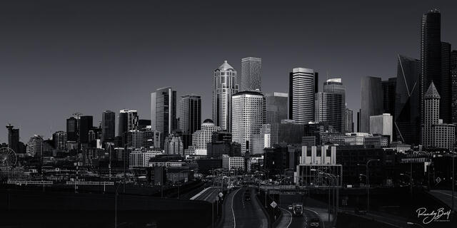 black and white panorama of downtown Seattle