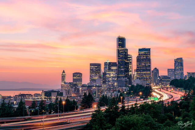 downtown Seattle at sunset from Jose Rizal Bridge