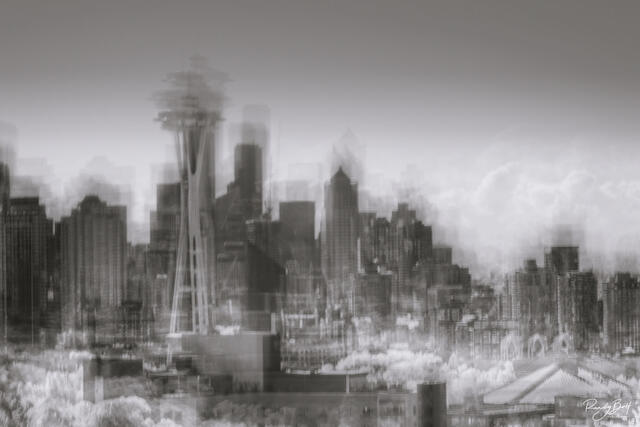 black and white photograph taken from Kerry Park in Seattle showcases a mesmerizing portrayal of the cityscape, using intentional camera movement.