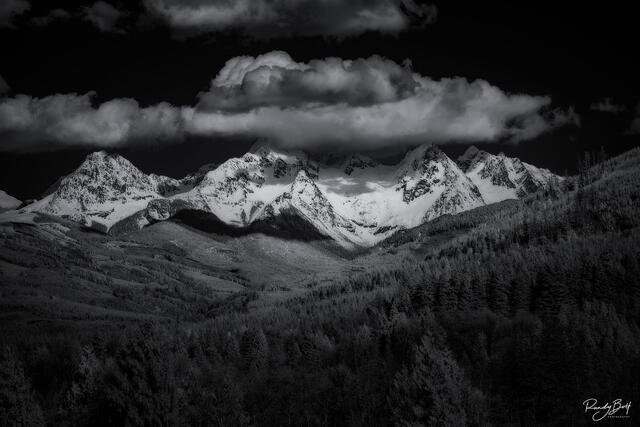 infrared black and white south twin mountain near mount baker in the north cascades