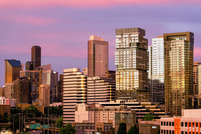 glow of the sunrise on the city of Seattle.