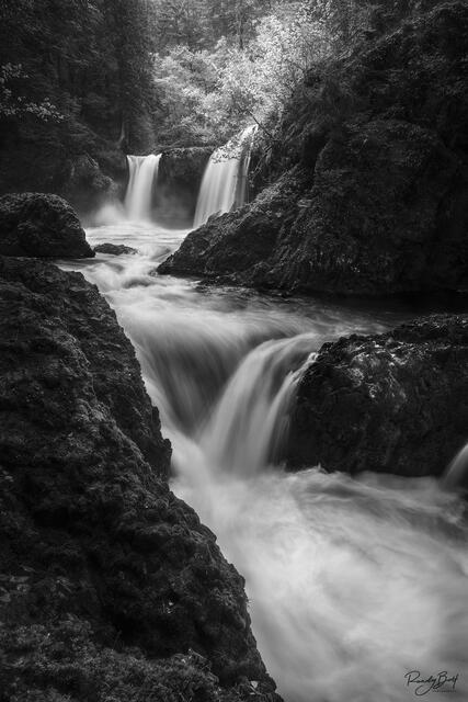 Spirit Falls in black and white from the Columbia gorge in Washington