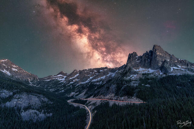 Milky Way galaxy over Liberty Bell and Early Winter Spires from Washington Pass Overlook.