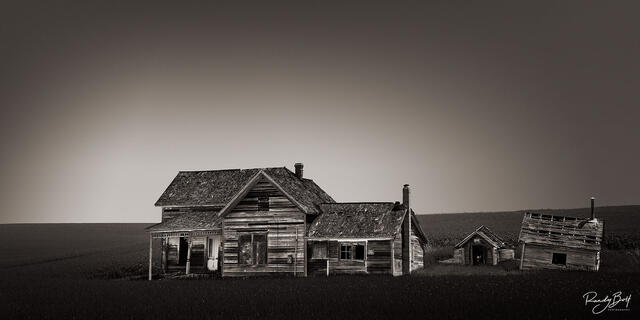 black and white Weber Farmstead panorama photograph