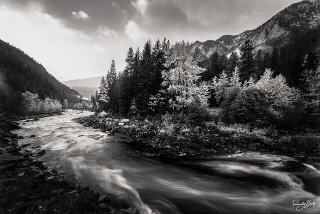 Wenatchee river in the Tumwater canyon in black and white.