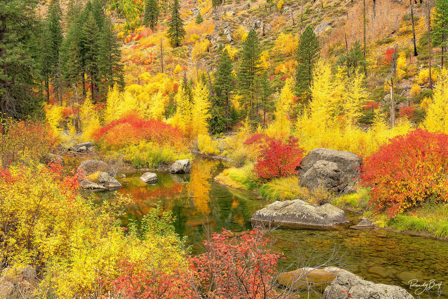 Fall color and a reflecting pool in the Tumwater Canyon near Leavenworth, Washington.