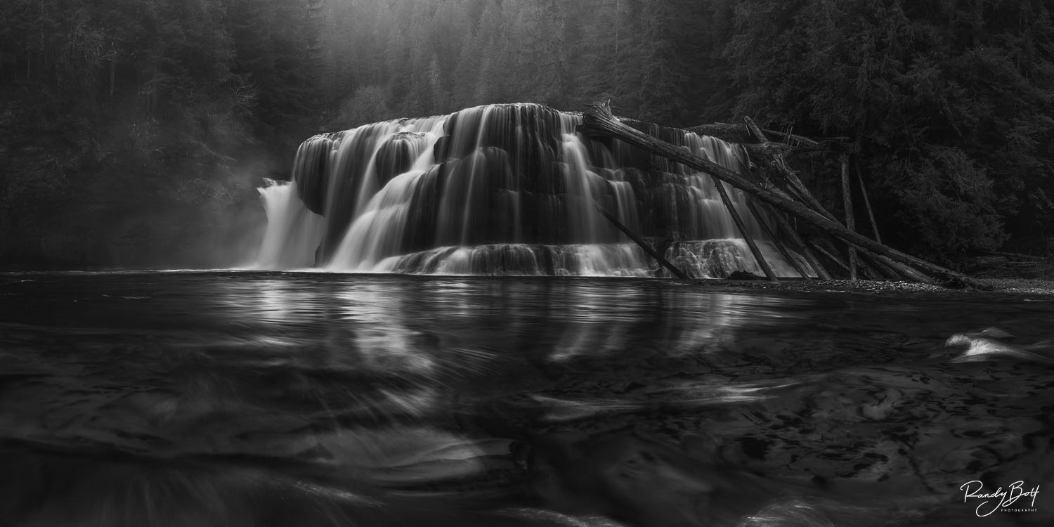 black and white photograph of Lower Lewis River Falls in southwest Washington state.