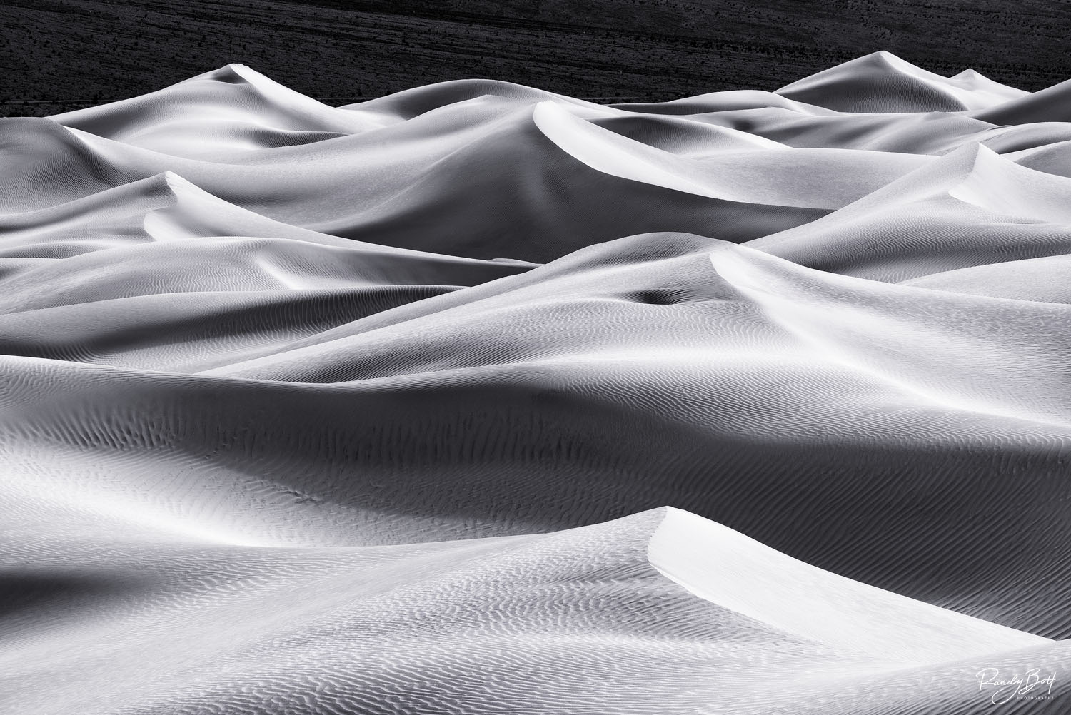 a black and white photograph of mesquite dunes in Death Valley national park 