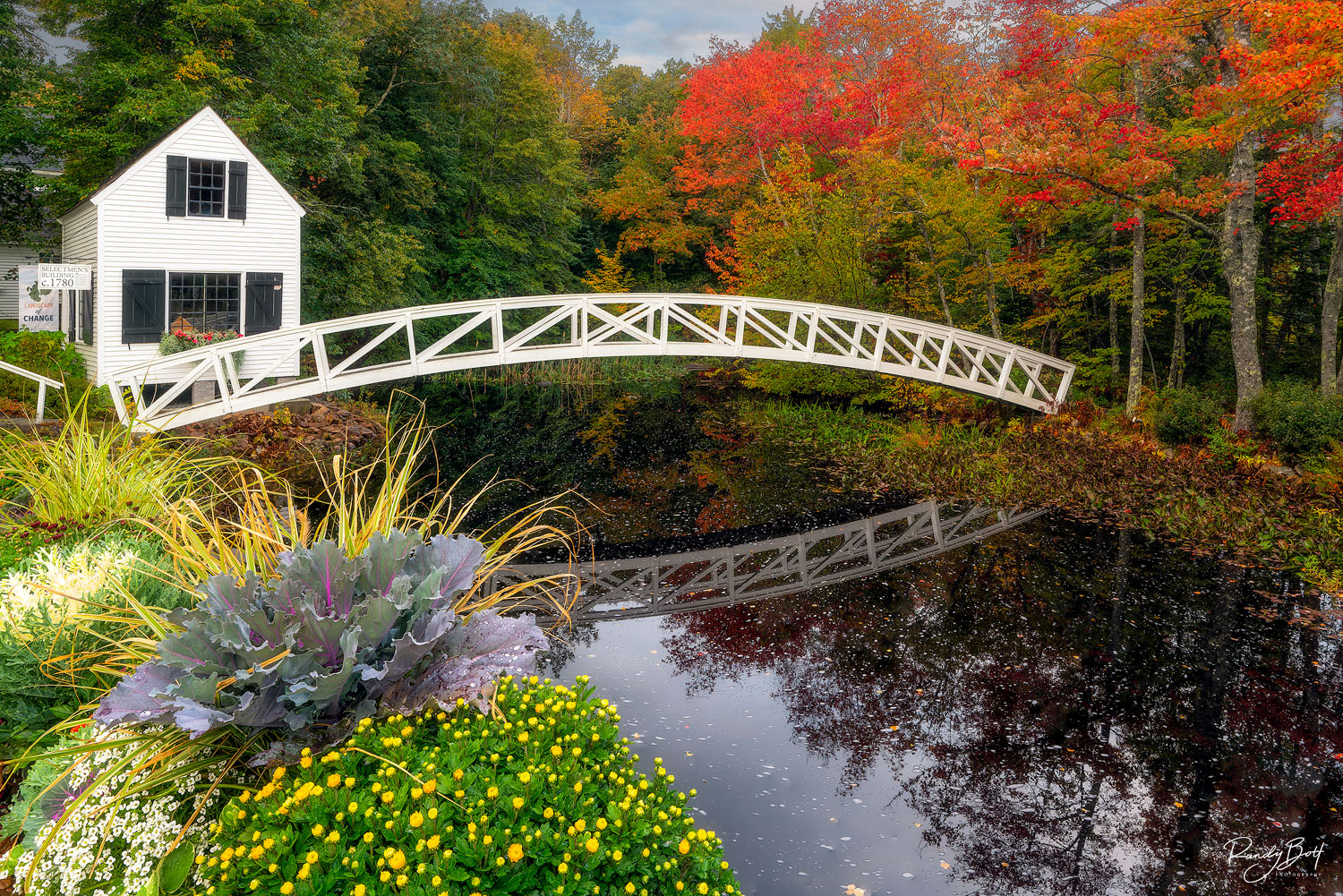 Selectmen's building in Acadia national park during fall color.