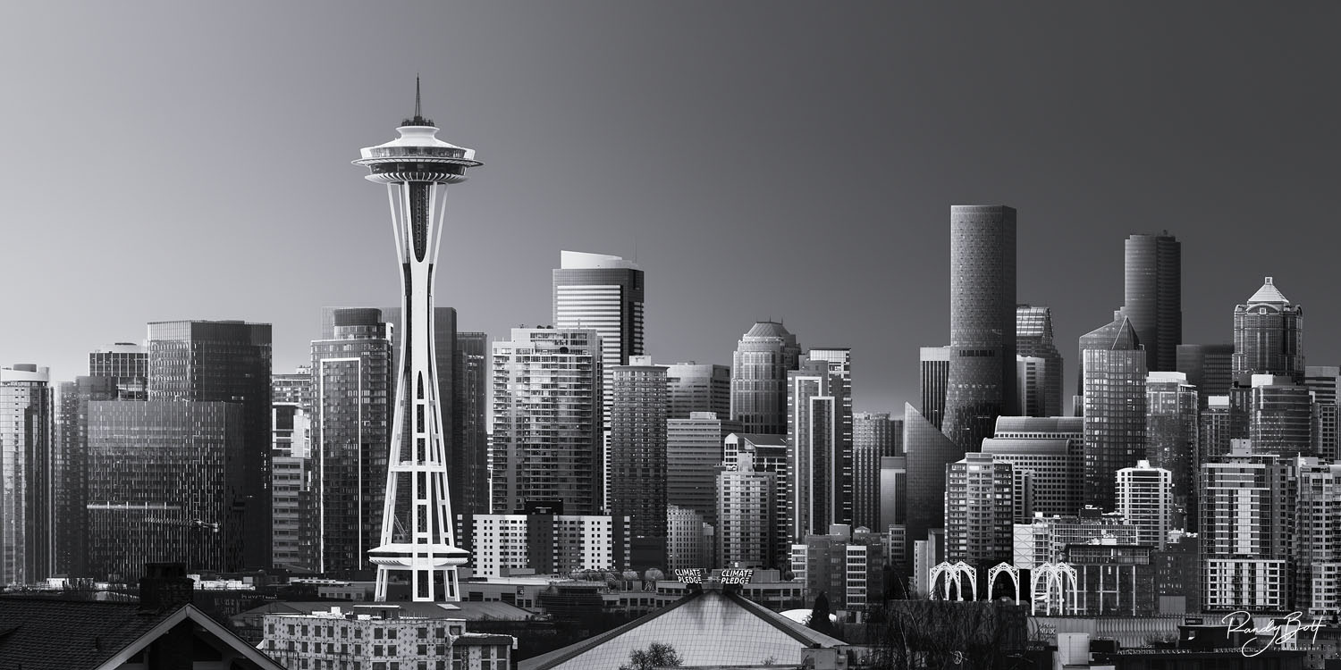 black and white panorama image of the Space Needle from Kinnear street in Seattle
