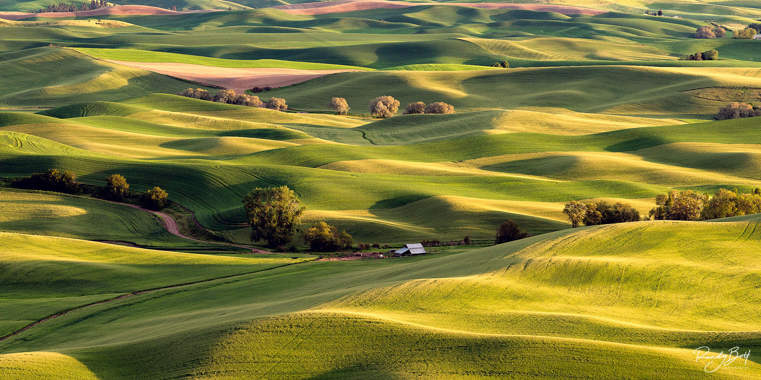 panorama view from step toe butte with a lone barn near Colfax, Washington